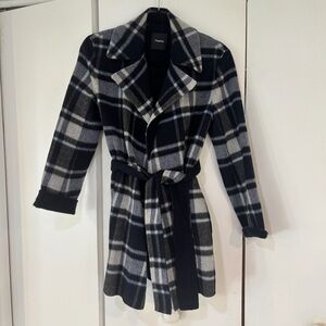 Theory Navy and White Plaid Wrap Coat